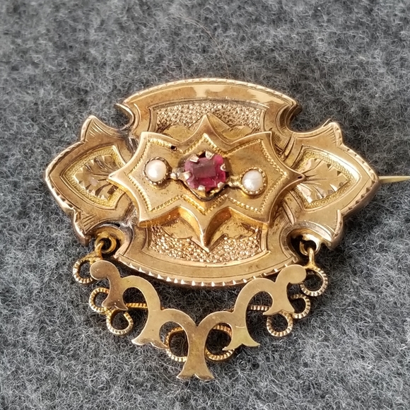 Antique 14k gold brooch solid 1800s Victorian pin yellow engraved - Picture 4 of 12